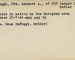 World War II, Vindicator, Leonard A. DeFoggi, Pfc, Butler, wounded, 1944, Mahoning, Trumbull, Rose DeFoggi