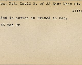 World War II, Vindicator, David E. DeHaven, Pvt, Alliance, wounded, France, 1945, Mahoning, Trumbull