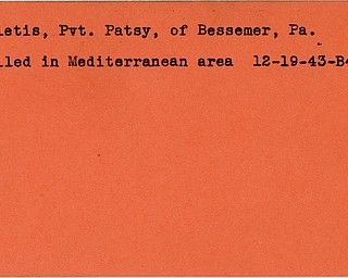 World War II, Vindicator, Patsy Deletis, Pvt, Bessemer, PA, killed, Mediterranean, 1943