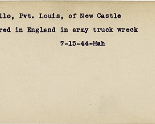 World War II, Vindicator, Louis DeLillo, Pvt, New Castle, wounded, England, 1944, Mahoning