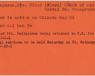 World War II, Vindicator, Floyd Dellagnena, Flore, USMCR, Youngstown, killed, Okinawa, 1945, Trumbull, Mahoning, 1949