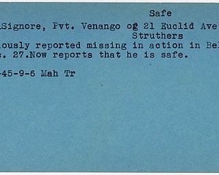 World War II, Vindicator, Venango DelSignore, Struthers, missing, Belgium, safe, 1945, Mahoning, Trumbull