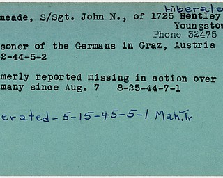 World War II, Vindicator, John N. Denmeade, Youngstown, liberated, prisoner, Germany, 1944, missing, 1945, Mahoning, Trumbull