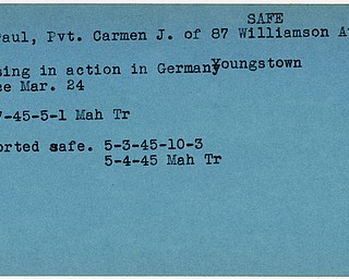 World War II, Vindicator, Carmen J. DePaul, safe, missing, Germany, Youngstown, 1945, Mahoning, Trumbull