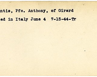 World War II, Vindicator, Anthony DeSantis, Girard, wounded, Italy, 1944, Trumbull