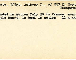 World War II, Vindicator, Anthony J. Detate, Youngstown, wounded, France, award, Purple Heart, 1944