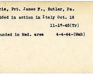 World War II, Vindicator, James F. Detrie, Pvt, Butler, PA, wounded, Italy, 1943, Mediterranean, 1944, Mahoning, Trumbull