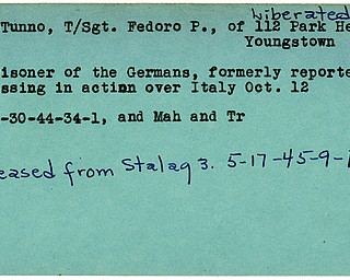 World War II, Vindicator, Fedoro P. DeTunno, Youngstown, prisoner, Germany, missing, Italy, released, Stalag, 1944, 1945, liberated, Mahoning, Trumbull