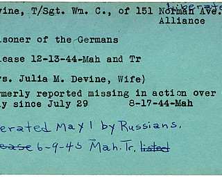 World War II, Vindicator, Wm. C. Devine, Alliance, liberated, prisoner, release, Germany, missing, 1944, 1945, Russians, Julia M. Devine, Mahoning, Trumbull