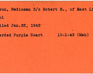 World War II, Vindicator, Robert H. Devon, Radioman, East Liverpool, killed, 1942, Purple Heart, 1943, Mahoning