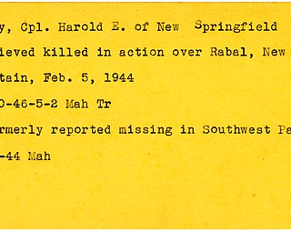 World War II, Vindicator, Harold E. Dey, New Springfield, killed, Rabal, New Britain, 1946, missing, Southwest Pacific, 1944, Mahoning, Trumbull