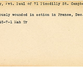 World War II, Vindicator, Paul Dickey, Campbell, wounded, France, 1945, Mahoning, Trumbull