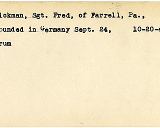World War II, Vindicator, Fred Dickman, Farrell, PA, wounded, Germany, 1944, Trumbull
