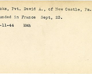 World War II, Vindicator, David A. Dicks, New Castle, PA, wounded, France, 1944, Mahoning