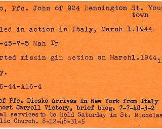 World War II, Vindicator, John Dicsko, Youngstown, killed, Italy, 1944, Mahoning, Trumbull, missing, New York, Carroll Victory, 1948, Funeral, St. Nicholas Greek Catholic Church