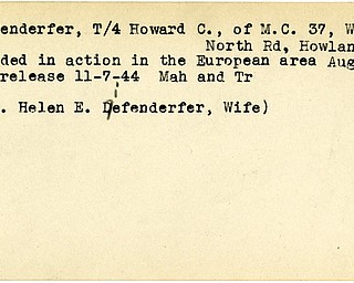 World War II, Vindicator, Howard C. Diefenderfer, Warren, Howland Township, wounded, Europe, 1944, Mahoning, Trumbull, Helen E. Diefenderfer