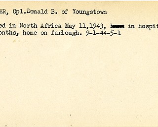 World War II, Vindicator, Donald B. Dieter, Youngstown, wounded, North Africa, 1943, home, furlough, 1944