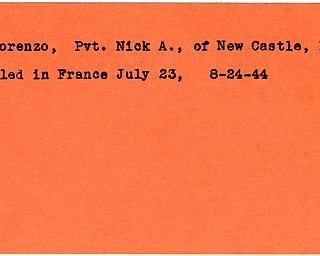 World War II, Vindicator, Nick A. DiLorenzo, New Castle, Pennsylvania, killed, France, 1944, Mahoning