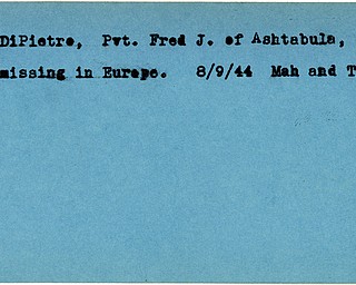 World War II, Vindicator, Fred J. DiPietro, Ashtabula, missing, Europe, 1944, Mahoning, Trumbull