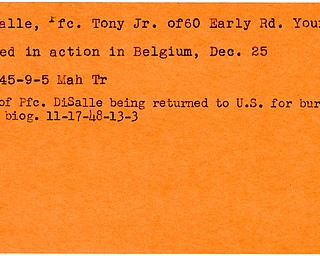 World War II, Vindicator, Tony DiSalle Jr., Youngstown, killed, Belgium, 1945, body returned, burial, 1948, Mahoning, Trumbull