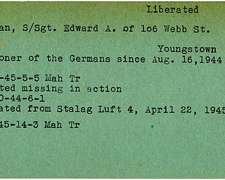 World War II, Vindicator, Edward A. Dobran, Youngstown, prisoner, Germany, 1944, missing, 1945, liberated, Stalag Luft, Mahoning, Trumbull