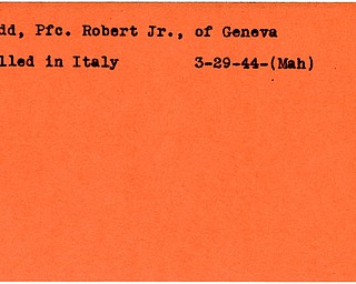 World War II, Vindicator, Robert Dodd Jr., Geneva, killed, Italy, 1944, Mahoning