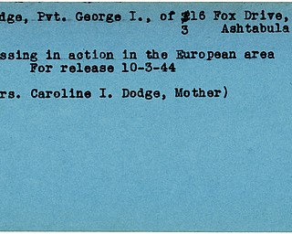 World War II, Vindicator, George I. Dodge, Ashtabula, missing, Europe, 1944, Caroline I. Dodge
