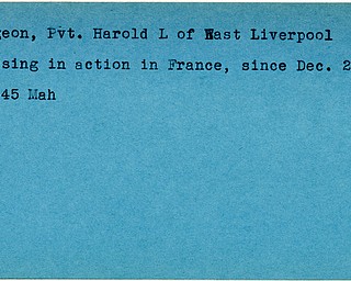 World War II, Vindicator, Harold L. Dodgeon, East Liverpool, missing, France, 1945, Mahoning