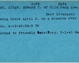 World War II, Vindicator, Edward C. Doland, East Liverpool, missing, Jugoslavia, Yugoslavia, 1945, safe, Mahoning, Trumbull