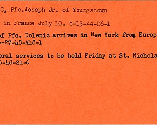 World War II, Vindicator, Joseph Dolenic Jr., Youngstown, killed, France, 1944, body returned, New York, 1948, Funeral, Saint Nicholas