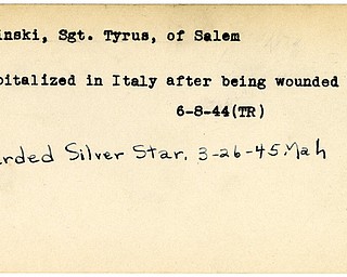 World War II, Vindicator, Tyrus Dominski, Salem, hospitalized, Italy, wounded, 1944, Trumbull, award, Silver Star, 1945, Mahoning