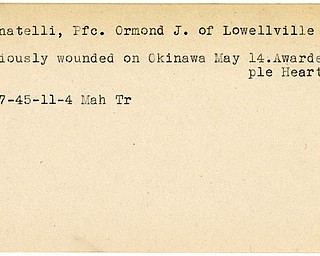World War II, Vindicator, Ormond J. Donatelli, Lowellville, wounded, Okinawa, award, Purple heart, 1945, Mahoning, Trumbull