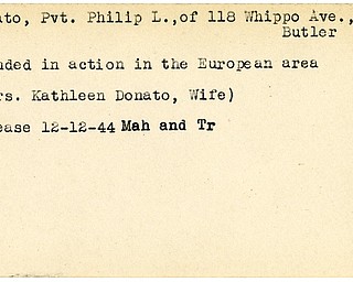 World War II, Vindicator, Philip L. Donato, Butler, woudned, Europe, Kathleen Donato, 1944, Mahoning, Trumbull