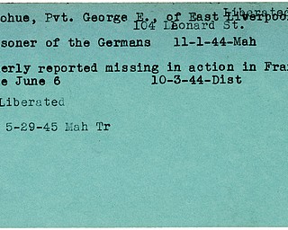World War II, Vindicator, George E. Donohue, East Liverpool, liberated, prisoner, Germany, 1944, Mahoning, missing, France, Trumbull, 1945