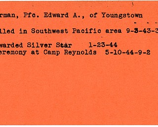 World War II, Vindicator, Edward A. Dorman, Youngstown, killed, Pacific, 1943, award, Silver Star, 1944, Camp Reynolds