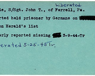 World War II, Vindicator, John T. Doyle, liberated, Farrell, prisoner, Germany, missing, 1944, Trumbull, 1945