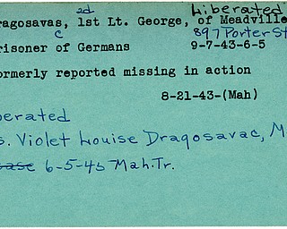 World War II, Vindicator, George Dragosavas, George Dragosavac, Meadville, liberated, missing, prisoner, Germany, 1943, 1945, Mahoning, Violet Louise Dragosavac, Trumbull