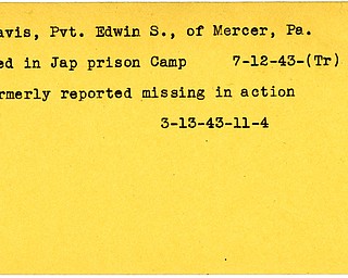 World War II, Vindicator, Edwin S. Dravis, Mercer, died, missing, Japanese, prisoner, 1943, Trumbull