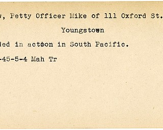 World War II, Vindicator, Mike Draw, Petty Officer, Youngstown, wounded, Pacific, 1945, Mahoning, Trumbull