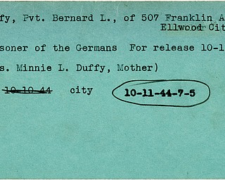 World War II, Vindicator, Bernard L. Duffy, Ellwood City, prisoner, Germany, 1944, Minnie L. Duffy