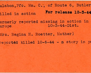 World War II, Vindicator, Wm. C. Dulabon, Butler, killed, missing, Europe, 1944, Regina H. Roetter