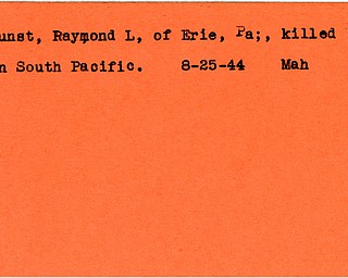 World War II, Vindicator, Raymond L. Dunst, Erie, Pennsylvania, killed, South Pacific, 1944, Mahoning