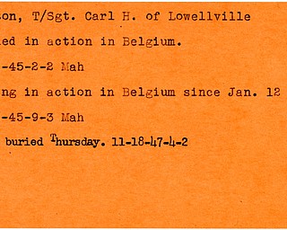 World War II, Vindicator, Carl H. Dutton, Lowellville, killed, Belgium, 1945, missing, buried, 1947, Mahoning