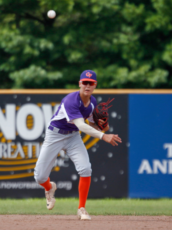 Creekside Fitness' Harrison Pontoli throws the ball to first during the NABF World Series championship game against the New York Nines at Cene Park on Sunday. Creekside lost 5-0. EMILY MATTHEWS | THE VINDICATOR