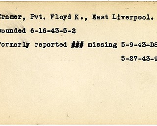 World War II, Vindicator, Floyd K. Cramer, East Liverpool, wounded, 1943, missing