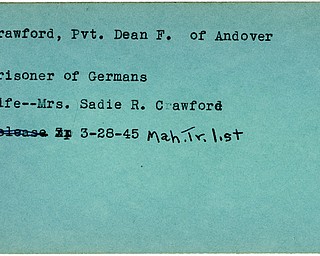 World War II, Vindicator, Dean F. Crawford, Andover, prisoner, Germany, Sadie R. Crawford, 1945, Mahoning, Trumbull