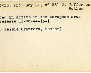 World War II, Vindicator, Roy B. Crawford, Butler, wounded, Europe, 1944, Jessie Crawford