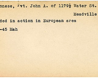 World War II, Vindicator, John A. Cremonese, Meadville, wounded, Europe, 1945, Mahoning