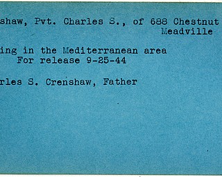 World War II, Vindicator, Charles S. Crenshaw, Meadville, missing, Mediterranean, 1944