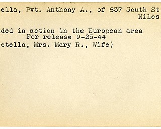 World War II, Vindicator, Anthony A. Cretella, Niles, wounded, Europe, 1944, Mary R. Cretella